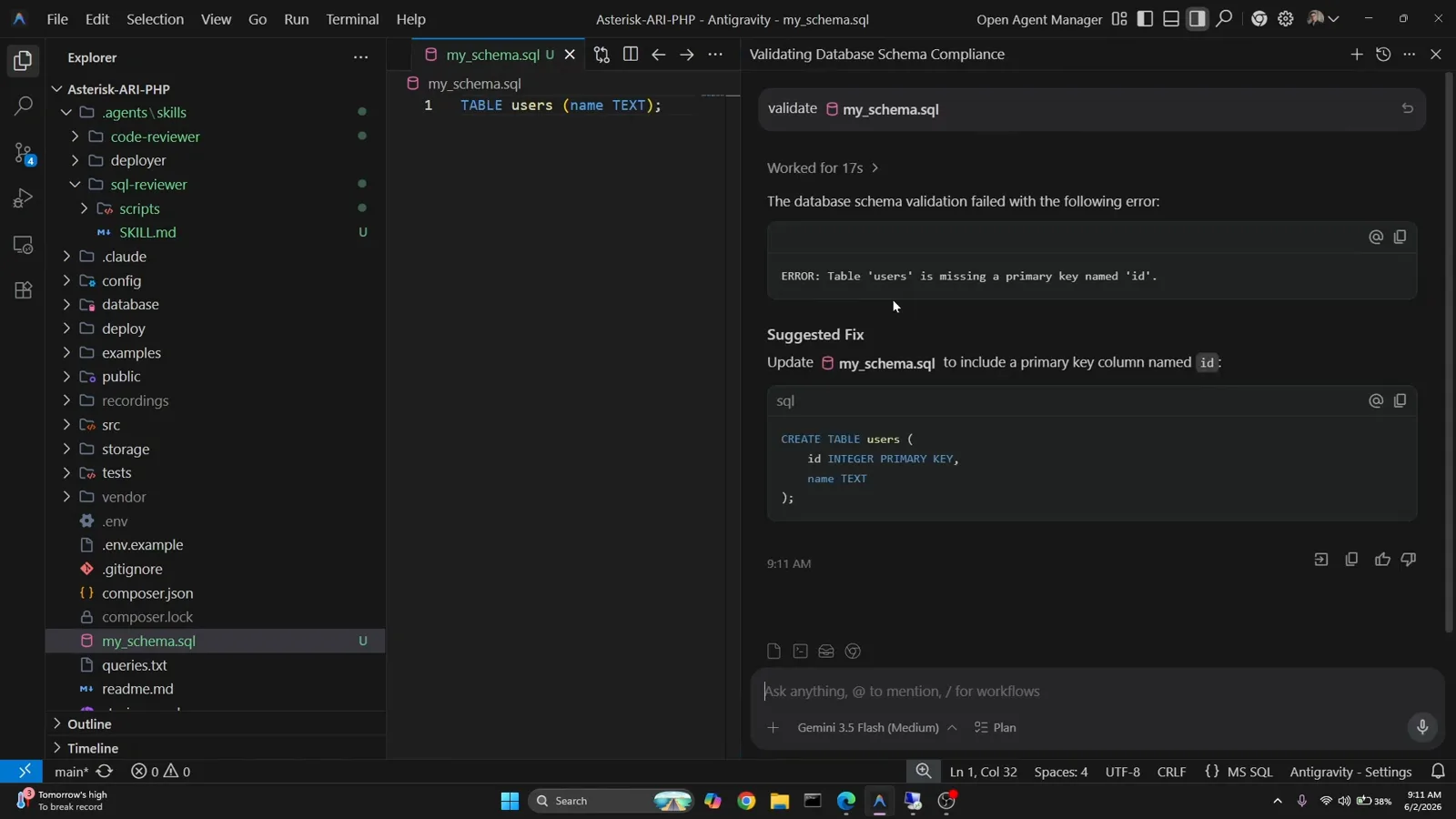 Antigravity Agent Manager chat reporting ERROR: Table users is missing a primary key named id with a suggested CREATE TABLE fix after running a custom sql-reviewer skill on my_schema.sql