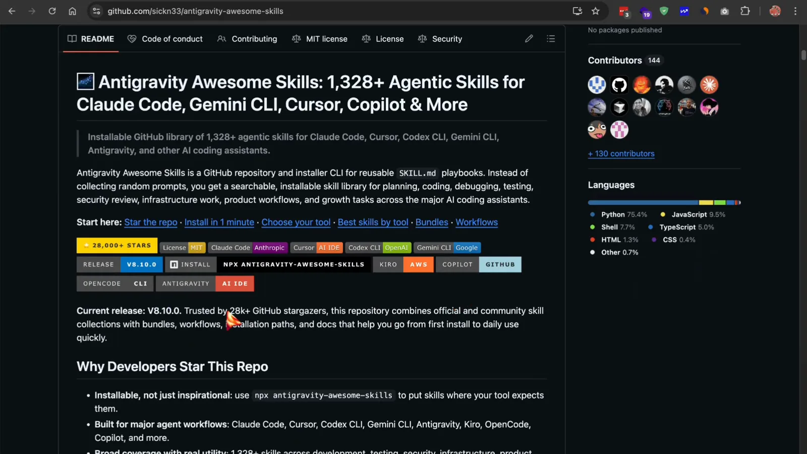 GitHub landing page of the Antigravity Awesome Skills repository listing 1,328+ agentic skills for Claude Code, Gemini CLI, Cursor, Copilot and more, with contributor and language stats in the About sidebar