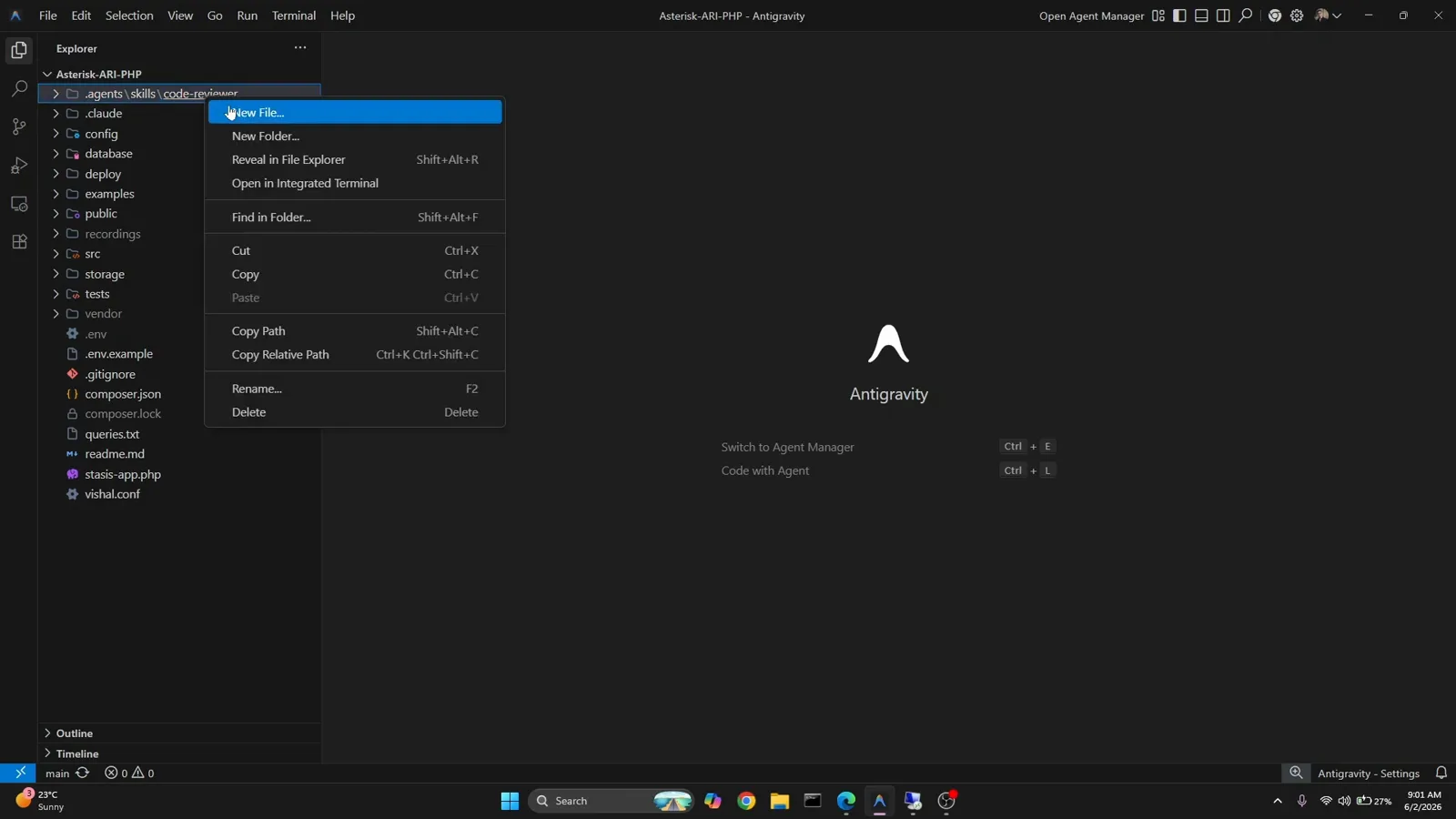 Antigravity Explorer right-click New Folder menu being used to create the .agents/skills directory inside a project before adding custom agent skills