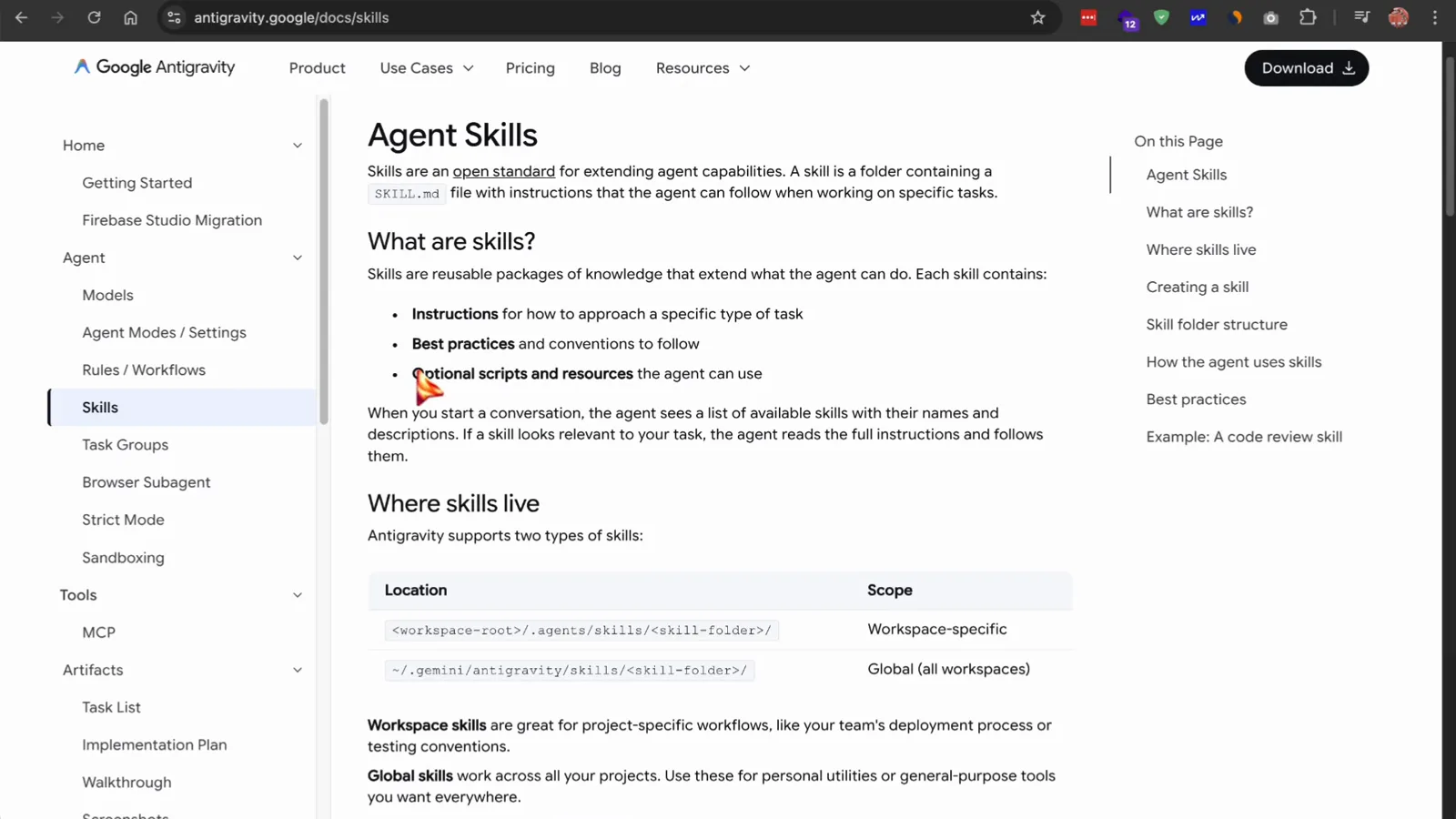Google Antigravity docs Agent Skills page explaining what Antigravity skills are, with the Instructions, Best practices and Optional scripts bullets that make up every skill package