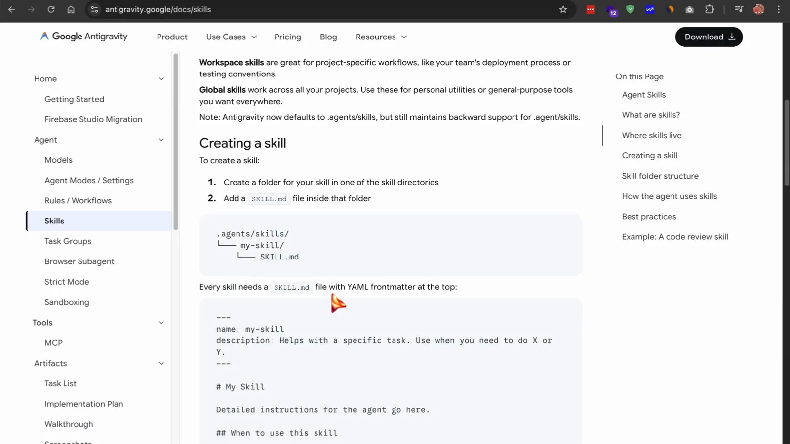 Antigravity docs Creating a skill section showing the .agents/skills/my-skill/SKILL.md folder tree and the YAML frontmatter with name and description that every skill needs