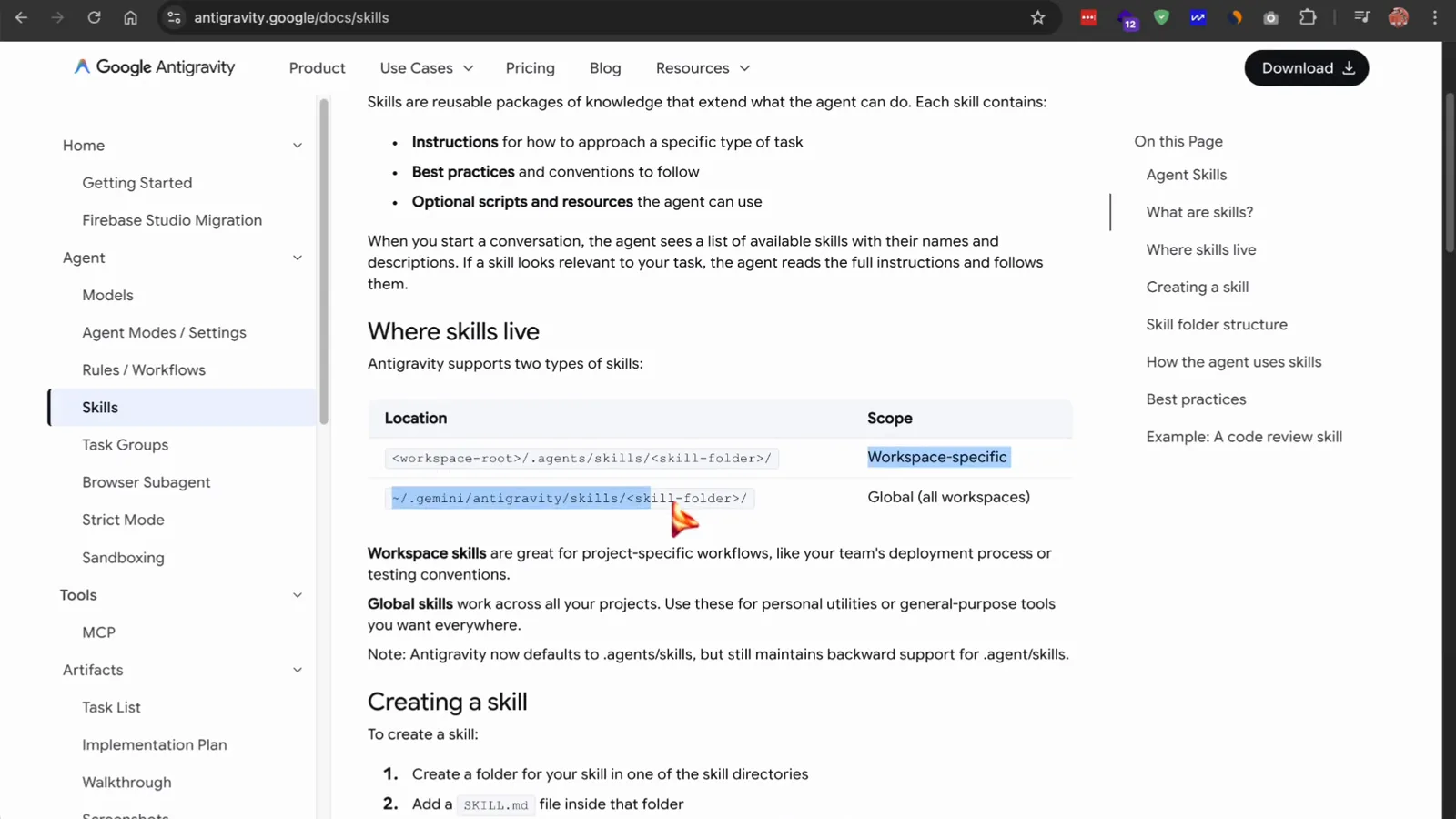 Antigravity Where skills live docs table comparing workspace-specific and global skill folders, with the note that Antigravity now defaults to .agents/skills and keeps .agent/skills for backward compatibility