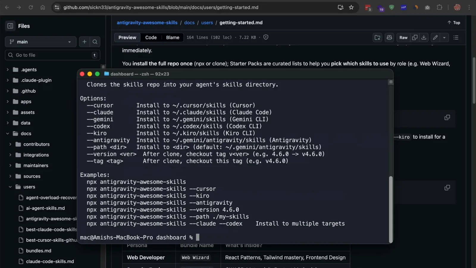 Terminal output of npx antigravity-awesome-skills showing the --cursor, --claude, --antigravity and --agents install flags that drop SKILL.md files into each tool's skills folder