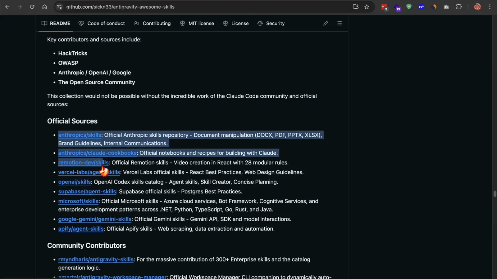 Official Sources section of the Antigravity skills catalog crediting the anthropics/skills, google/skills, OpenAI Codex and Vercel skill collections that feed the library