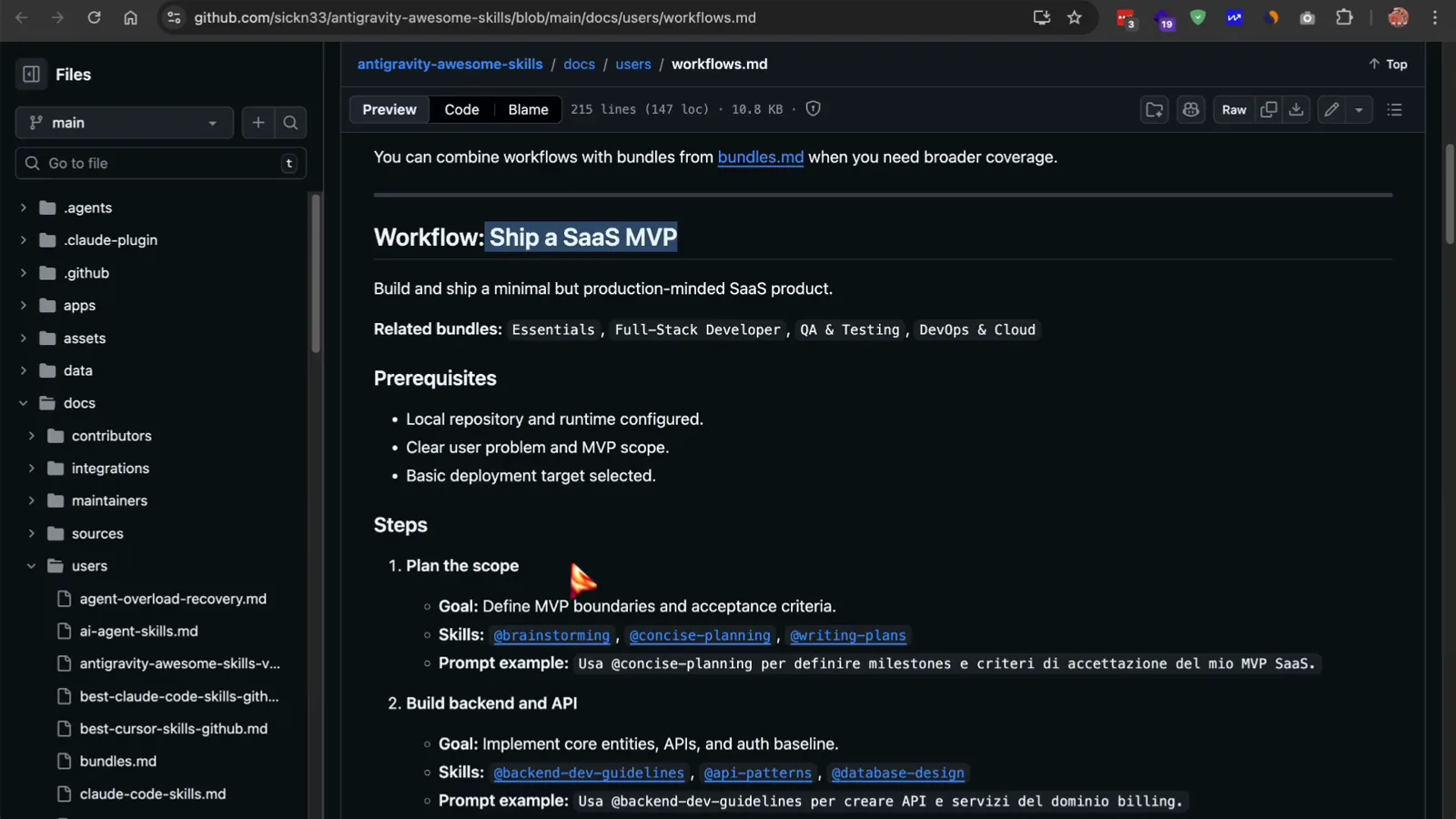 Ship a SaaS MVP workflow file from the Antigravity skills repo chaining brainstorming, backend, frontend and security skills into one ordered build plan with prompt samples