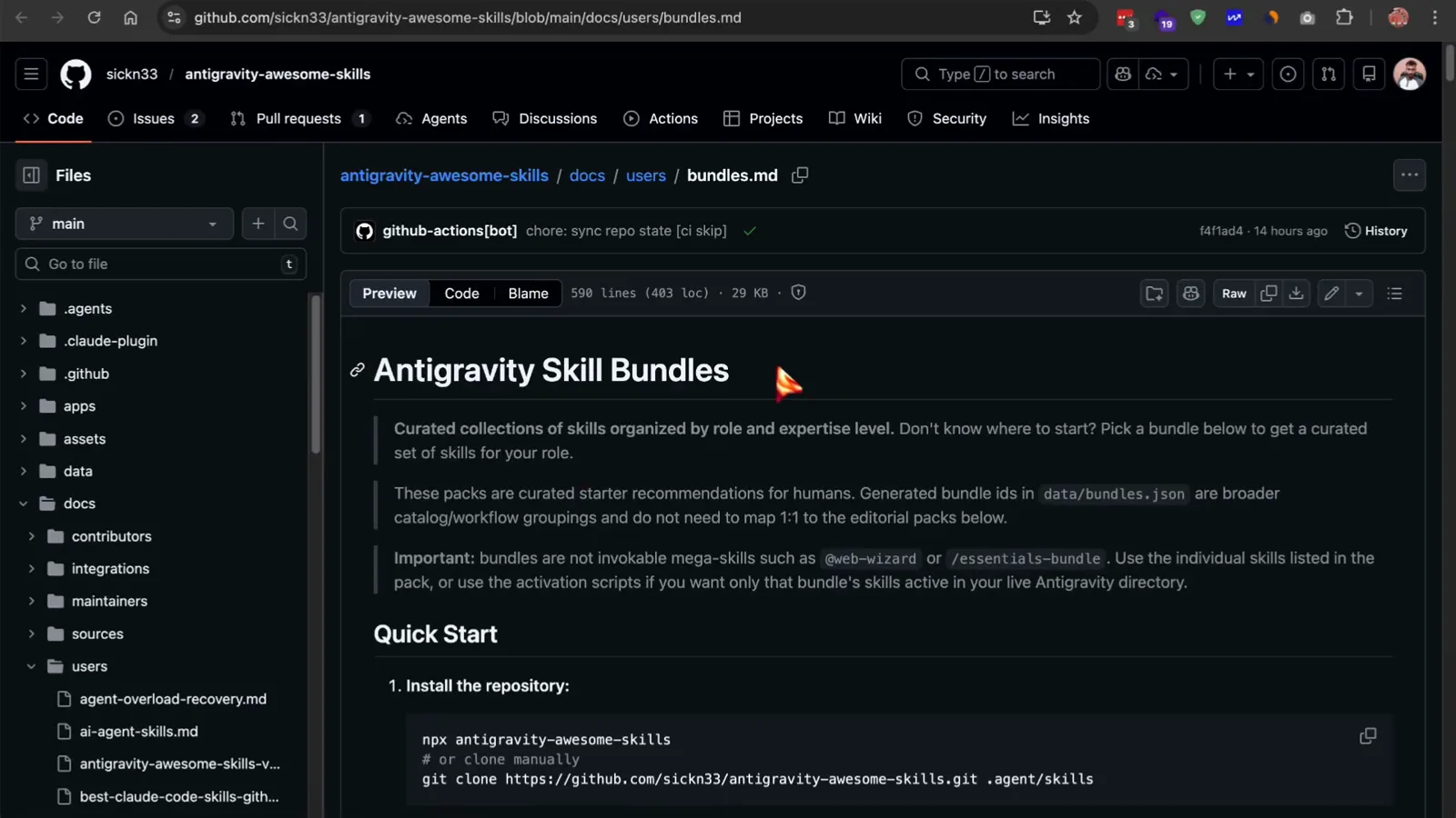 Antigravity Skill Bundles README with the Quick Start section showing the npx install and git clone commands that add curated starter-pack skills into the .agent/skills workspace folder