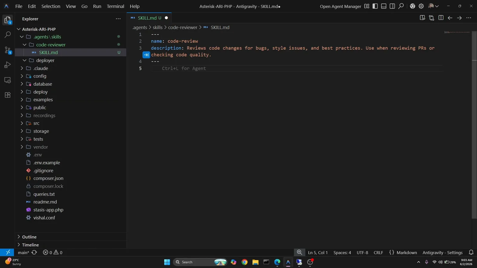 Antigravity editor with a new SKILL.md whose YAML frontmatter reads name: code-review plus a description of when the agent should load the skill, beside the .agents/skills/code-reviewer folder in the Explorer