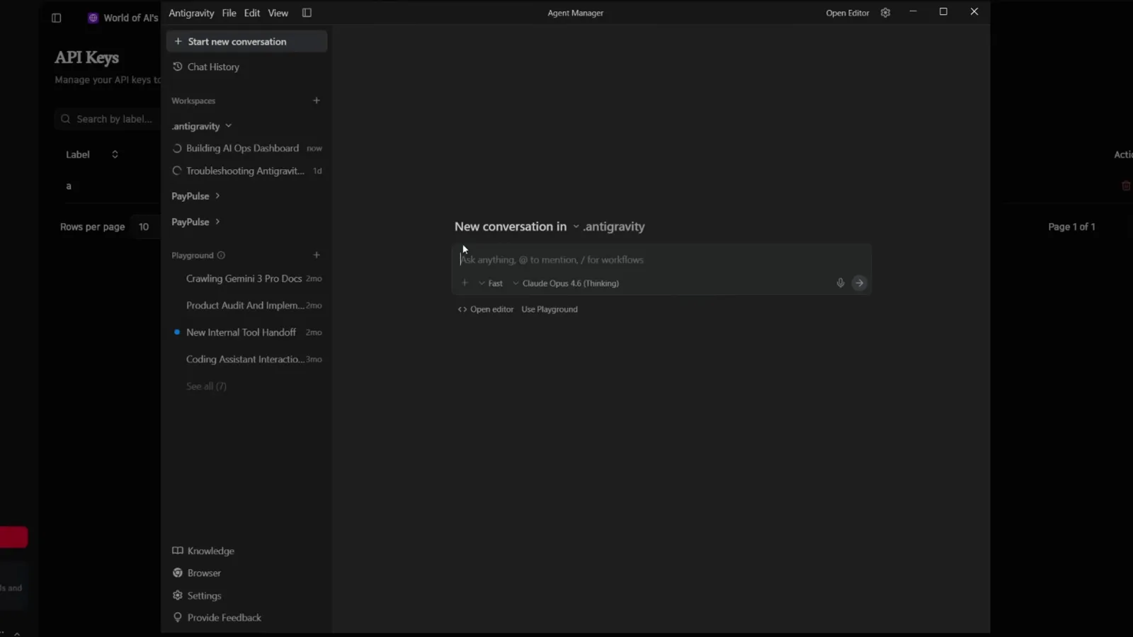 Google Antigravity Agent Manager window with a Start new conversation button and workspaces sidebar showing a building AI ops dashboard conversation in progress above a new conversation composer Google Antigravity Agent Manager window with a Start new conversation button and workspaces sidebar showing a building AI ops dashboard conversation in progress above a new conversation composer