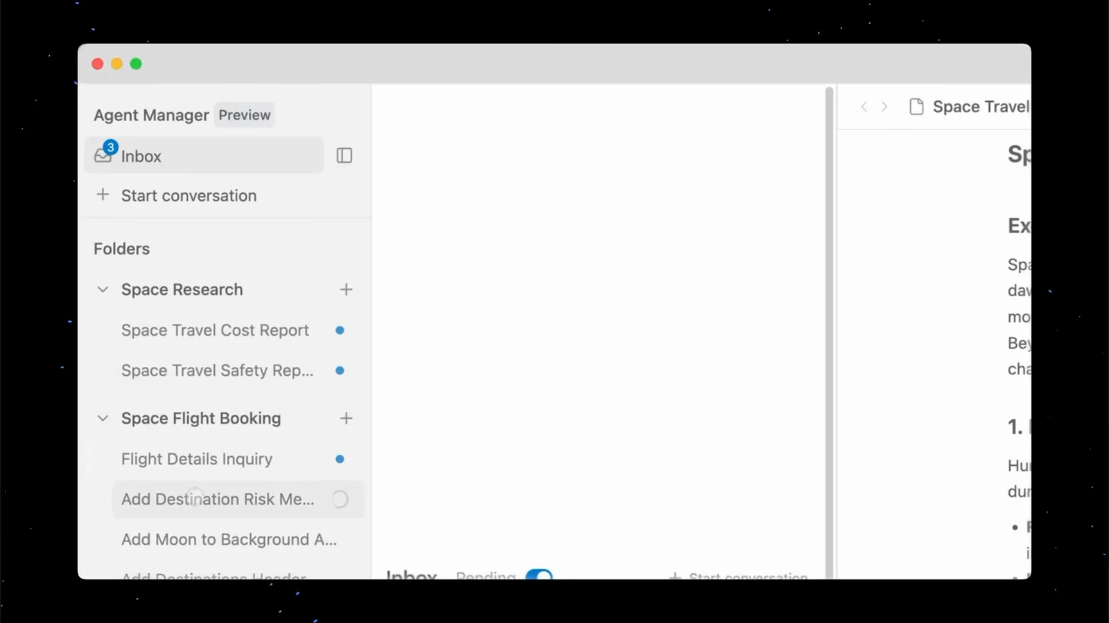 Google Antigravity Agent Manager Preview panel showing the Inbox entry, a Start conversation button and Space Research and Space Flight Booking workspace folders with their saved conversations Google Antigravity Agent Manager Preview panel showing the Inbox entry, a Start conversation button and Space Research and Space Flight Booking workspace folders with their saved conversations