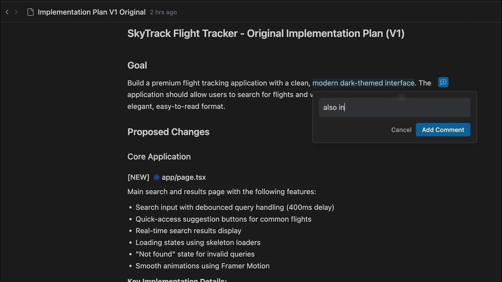 Antigravity implementation plan for the SkyTrack flight tracker open with an inline comment box being typed on the goal paragraph showing cancel and add comment buttons Antigravity implementation plan for the SkyTrack flight tracker open with an inline comment box being typed on the goal paragraph showing cancel and add comment buttons