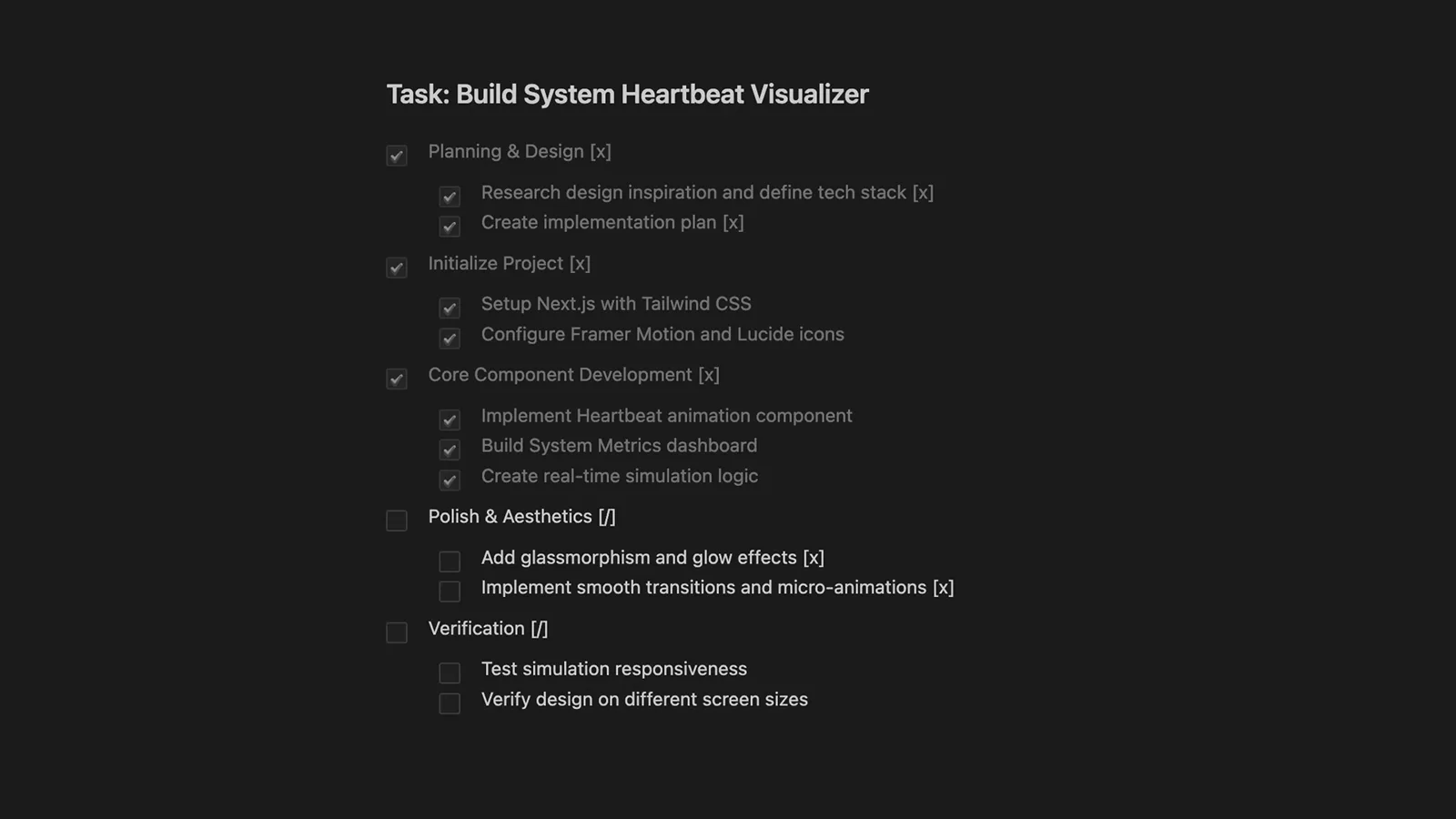 Antigravity task list artifact titled Build System Heartbeat Visualizer with planning, initialize project and core component development sections checked off while polish and verification steps remain unchecked Antigravity task list artifact titled Build System Heartbeat Visualizer with planning, initialize project and core component development sections checked off while polish and verification steps remain unchecked