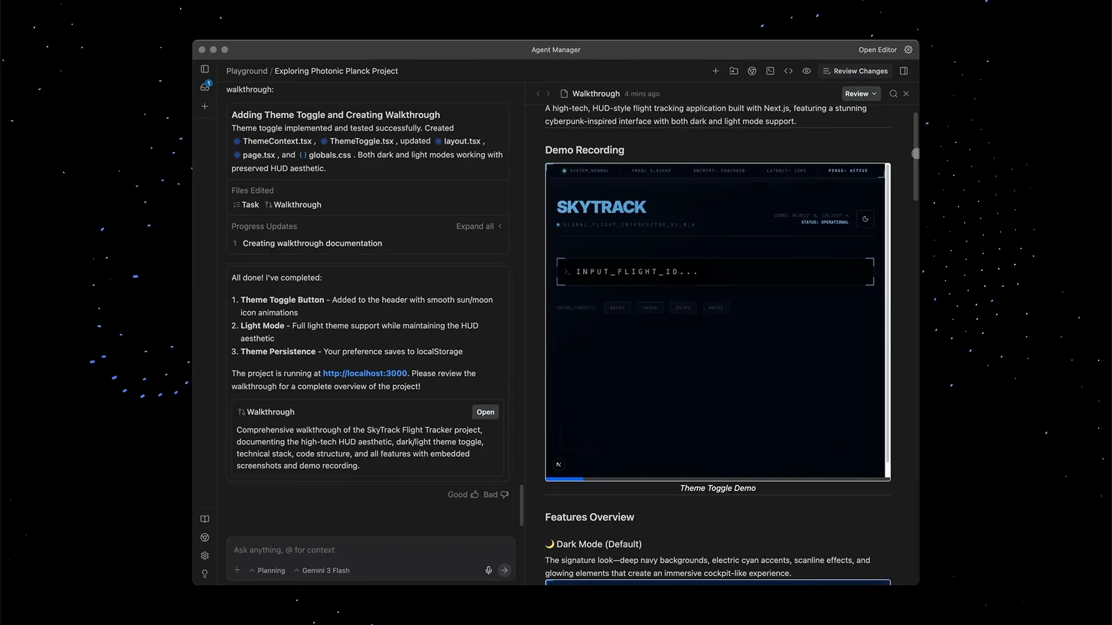Google Antigravity walkthrough artifact listing completed theme toggle, light mode and theme persistence items beside a demo recording of the finished dark flight tracker application Google Antigravity walkthrough artifact listing completed theme toggle, light mode and theme persistence items beside a demo recording of the finished dark flight tracker application