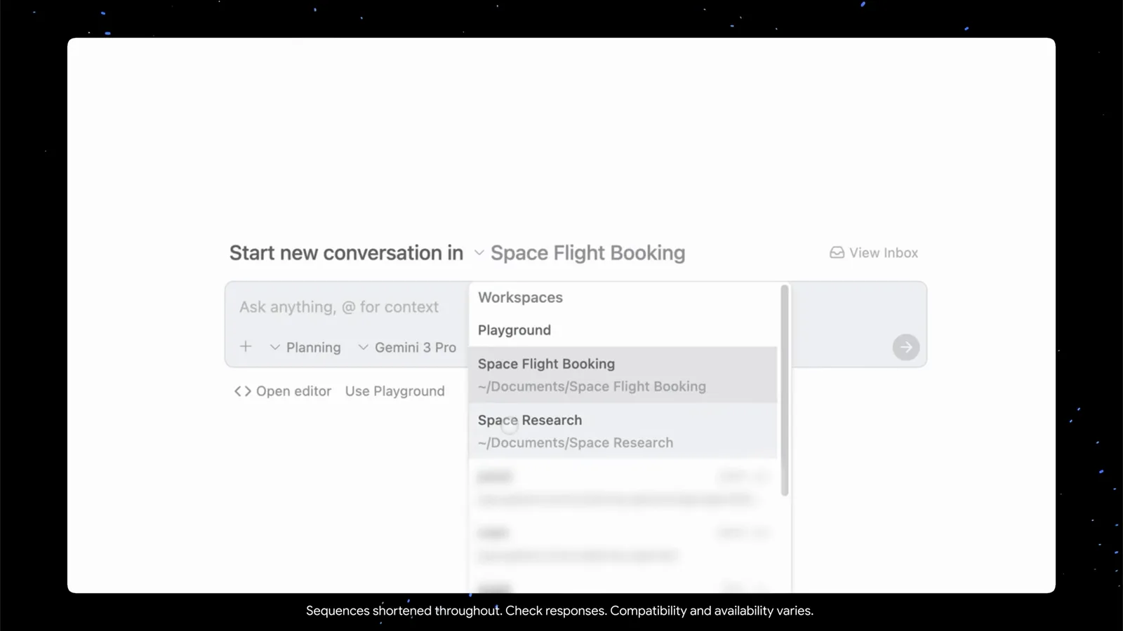 Antigravity new conversation screen in the Space Flight Booking workspace with the workspaces dropdown open listing Playground, Space Flight Booking and Space Research folders Antigravity new conversation screen in the Space Flight Booking workspace with the workspaces dropdown open listing Playground, Space Flight Booking and Space Research folders