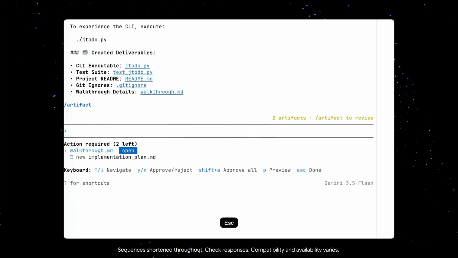 Antigravity CLI Action required panel listing two artifacts with walkthrough.md highlighted and the keyboard shortcuts y/n Approve/reject, shift+a Approve all, p Preview and esc Done, the approval queue that always-proceed skips