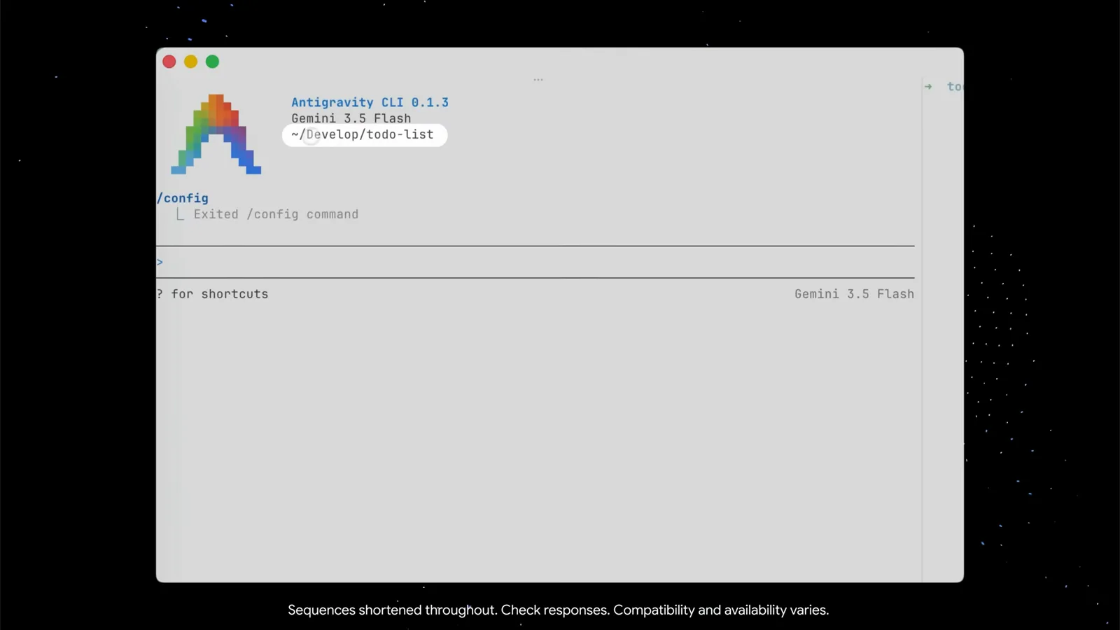 Antigravity CLI welcome banner in a macOS terminal showing the CLI version, the Gemini 3.5 Flash model and the ~/Develop/todo-list working directory above an empty prompt, the default request-review session before turning on YOLO mode