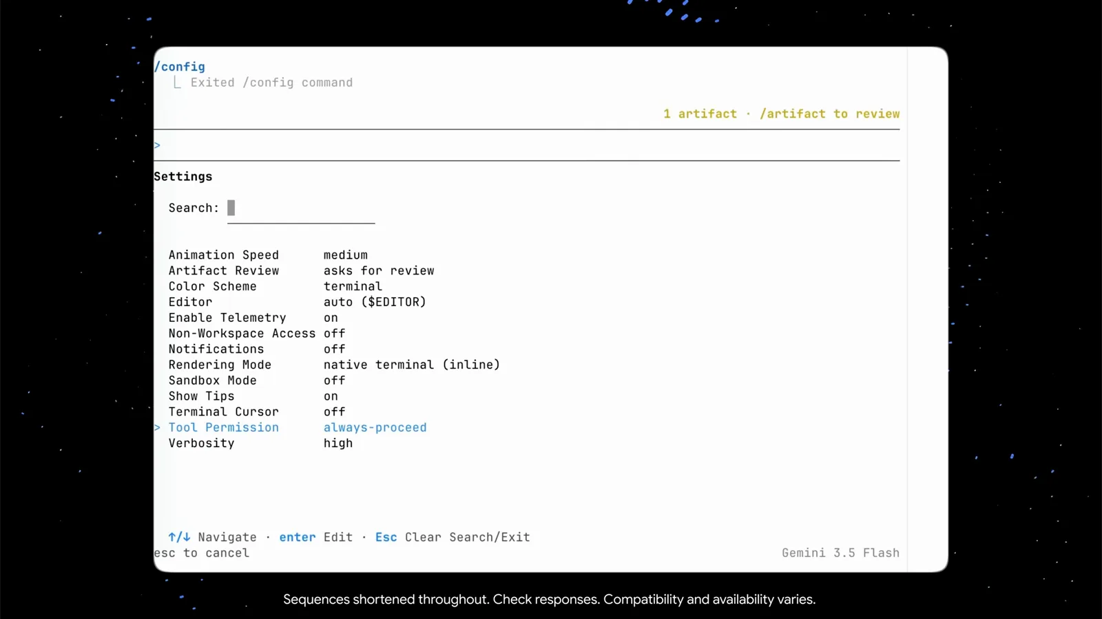 Antigravity CLI /config settings panel listing rows from Animation Speed to Verbosity with Tool Permission highlighted and set to always-proceed, the settings row that turns off CLI permission prompts