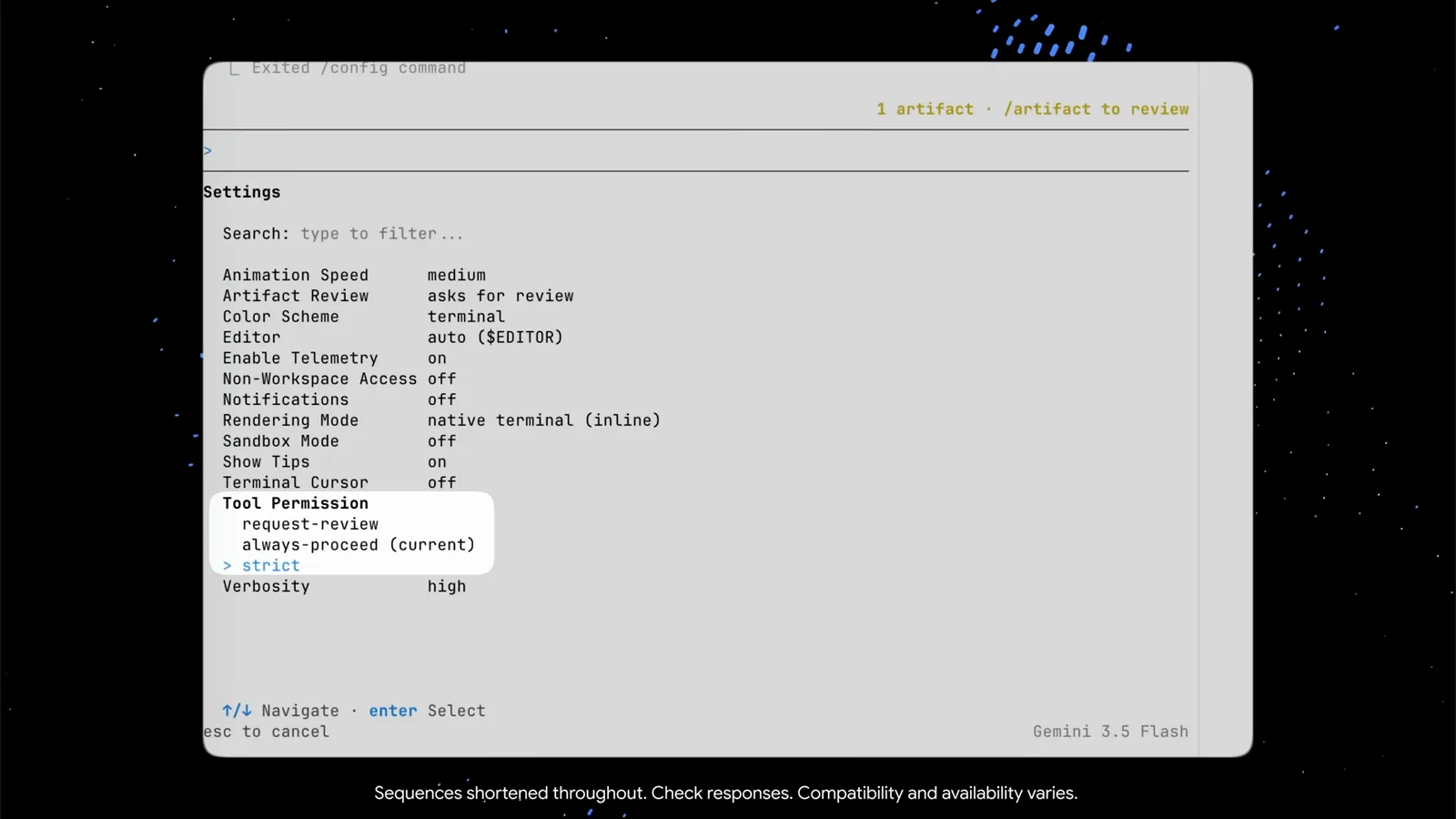 Antigravity CLI Tool Permission dropdown open in the /config panel showing request-review, always-proceed marked as current and strict, the preset choice that decides whether the agent asks before running tools