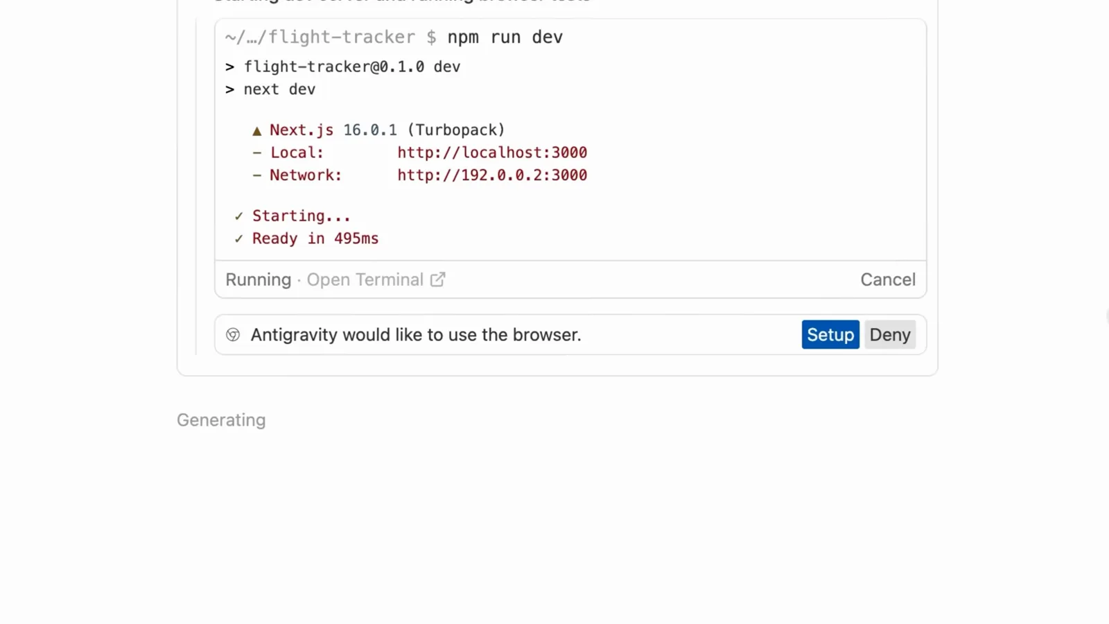 Antigravity 2.0 asking Antigravity would like to use the browser with a blue Setup and a grey Deny button above a Generating label while a Next.js 16 dev server runs on localhost:3000, the default approval prompt that YOLO mode switches off