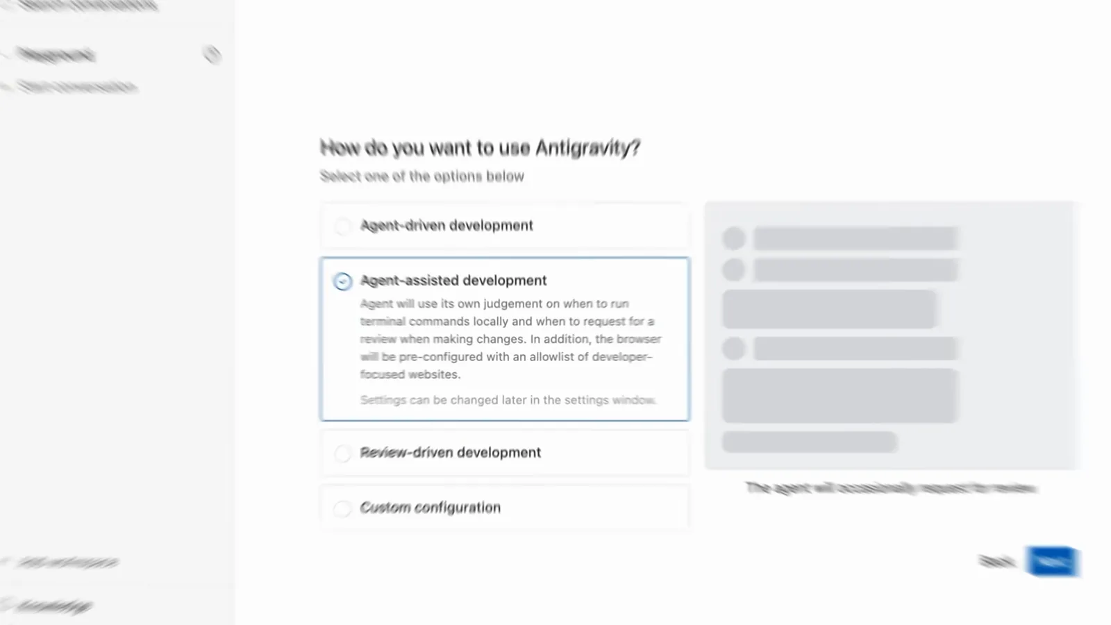 Antigravity 2.0 onboarding dialog titled How do you want to use Antigravity with Agent-assisted development selected between Agent-driven development and Review-driven development, the first place to set how often the agent asks before acting