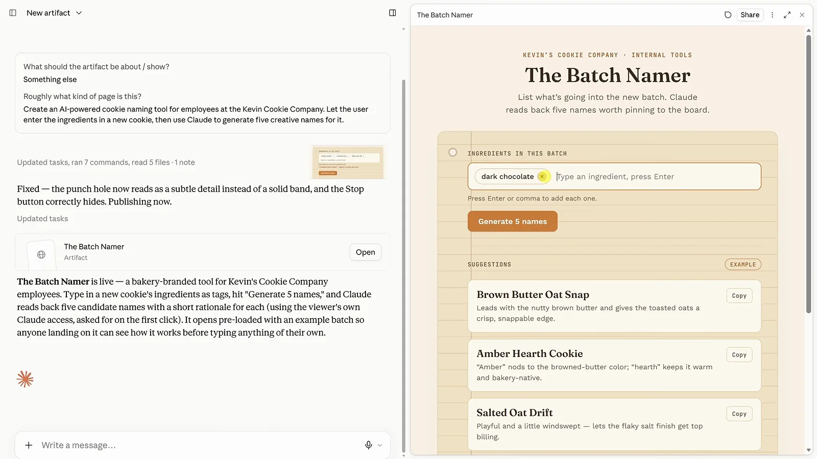 Claude Artifacts AI cookie naming tool with an ingredients input and an orange Generate 5 names button