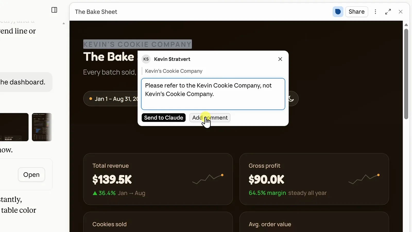 Claude Artifacts annotation tool with the highlighted Kevin's Cookie Company heading and a comment box offering Send to Claude or Add comment