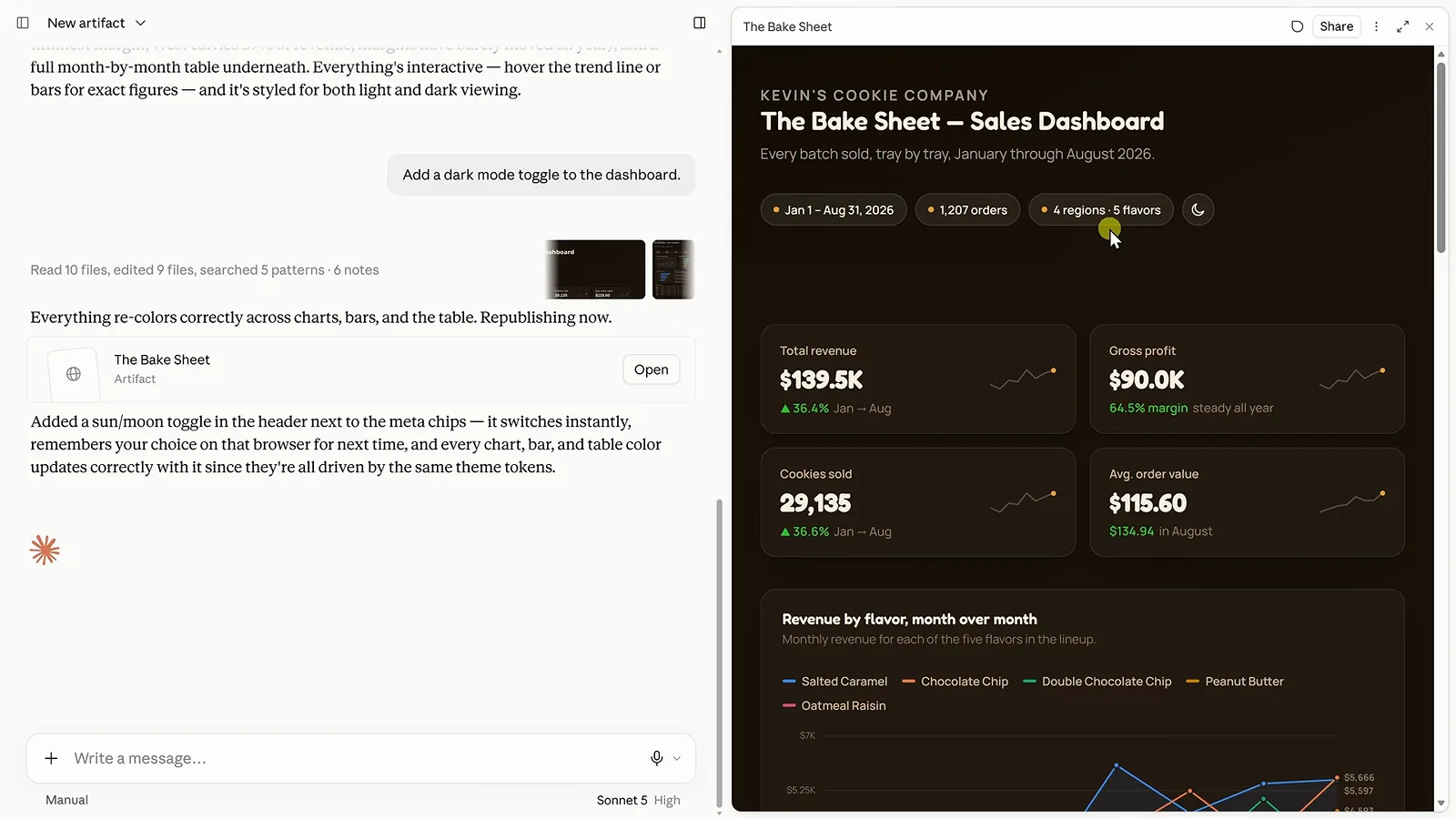 Claude chat prompt asking to add a dark mode toggle beside the republished dark dashboard with a moon toggle icon
