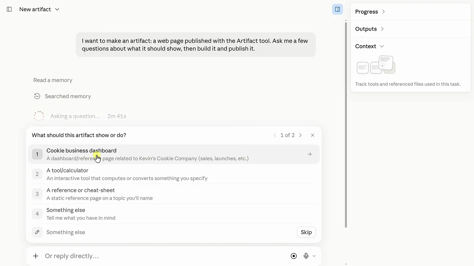 Claude onboarding question asking what the artifact should show or do, with the Cookie business dashboard option highlighted