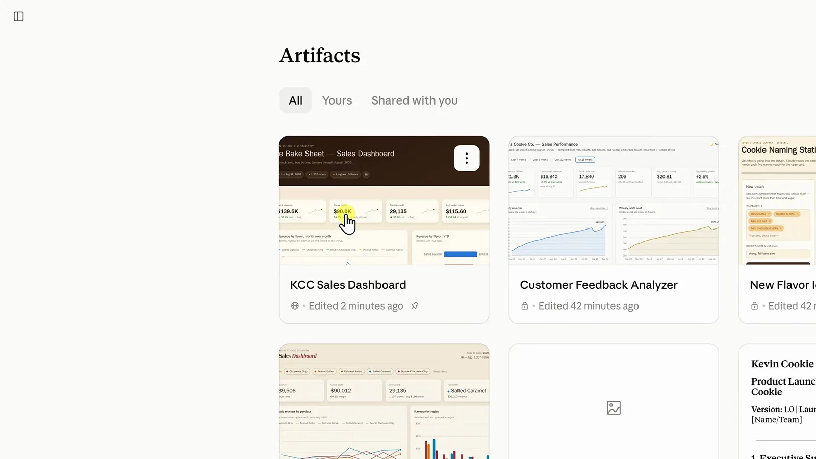 Claude Artifacts library with the three-dot menu open on the KCC Sales Dashboard card to pin it