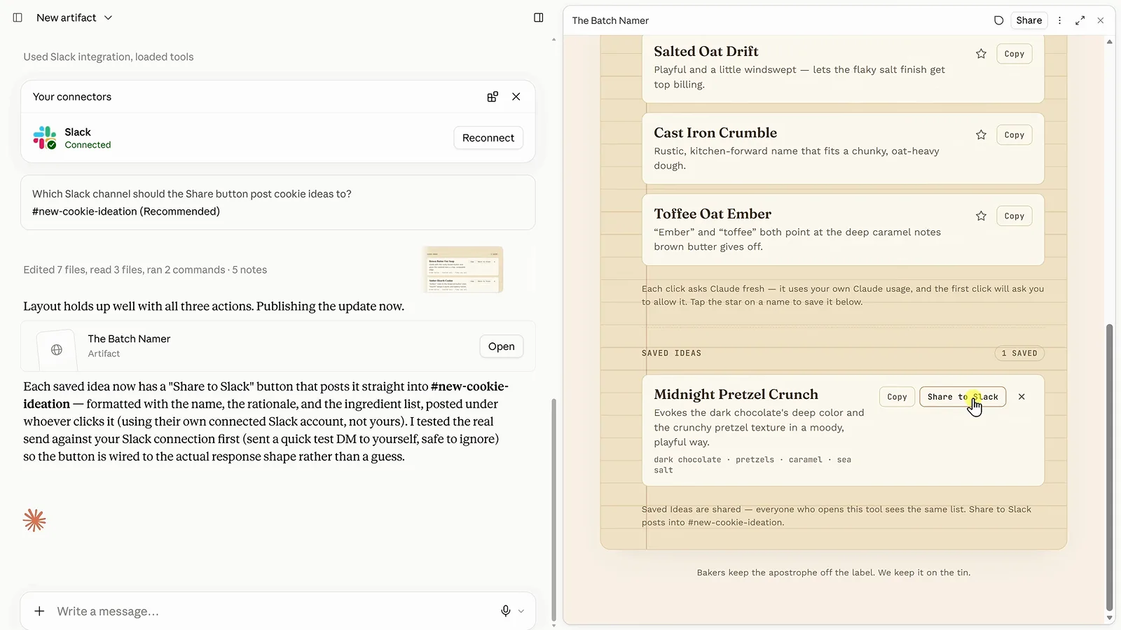 Claude connectors panel showing Slack connected with a Share to Slack button on a saved cookie idea
