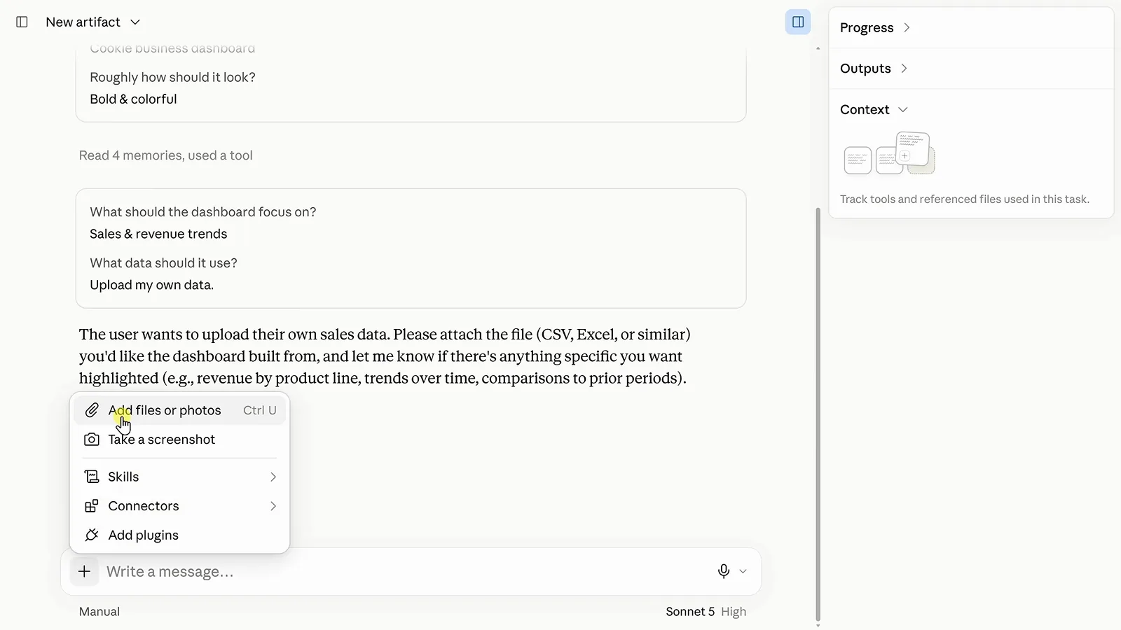 Claude plus menu with Add files or photos highlighted while attaching a sales CSV for a custom dashboard