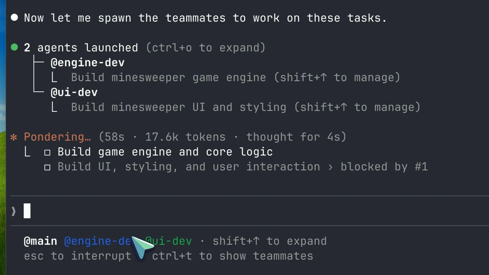 Claude Code reporting 2 agents launched with the engine-dev and ui-dev teammates, their task names manageable with shift+up, and the second task marked blocked by #1 in the shared task list