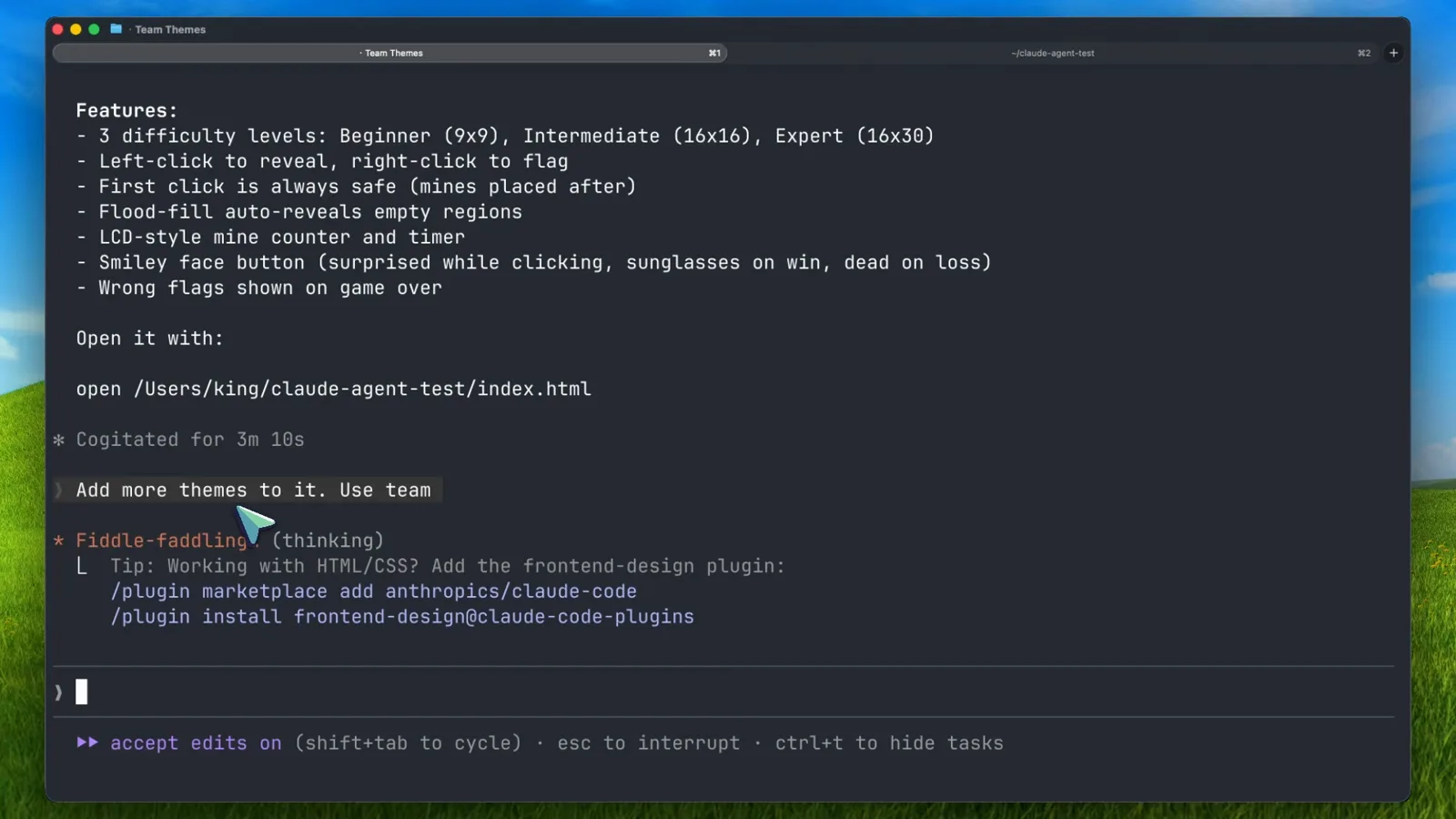 Claude Code terminal listing the Minesweeper features its agent team delivered, the open command for index.html, and the next iteration prompt Add more themes to it. Use team with accept edits on in the status bar