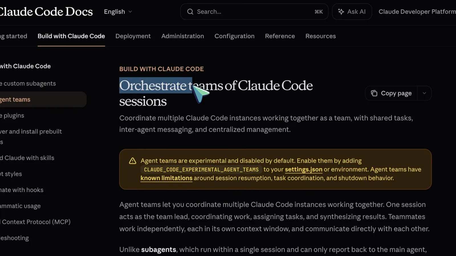 Claude Code Docs page for Orchestrate teams of Claude Code sessions showing the orange experimental warning that agent teams must be enabled by adding CLAUDE_CODE_EXPERIMENTAL_AGENT_TEAMS to your settings.json environment