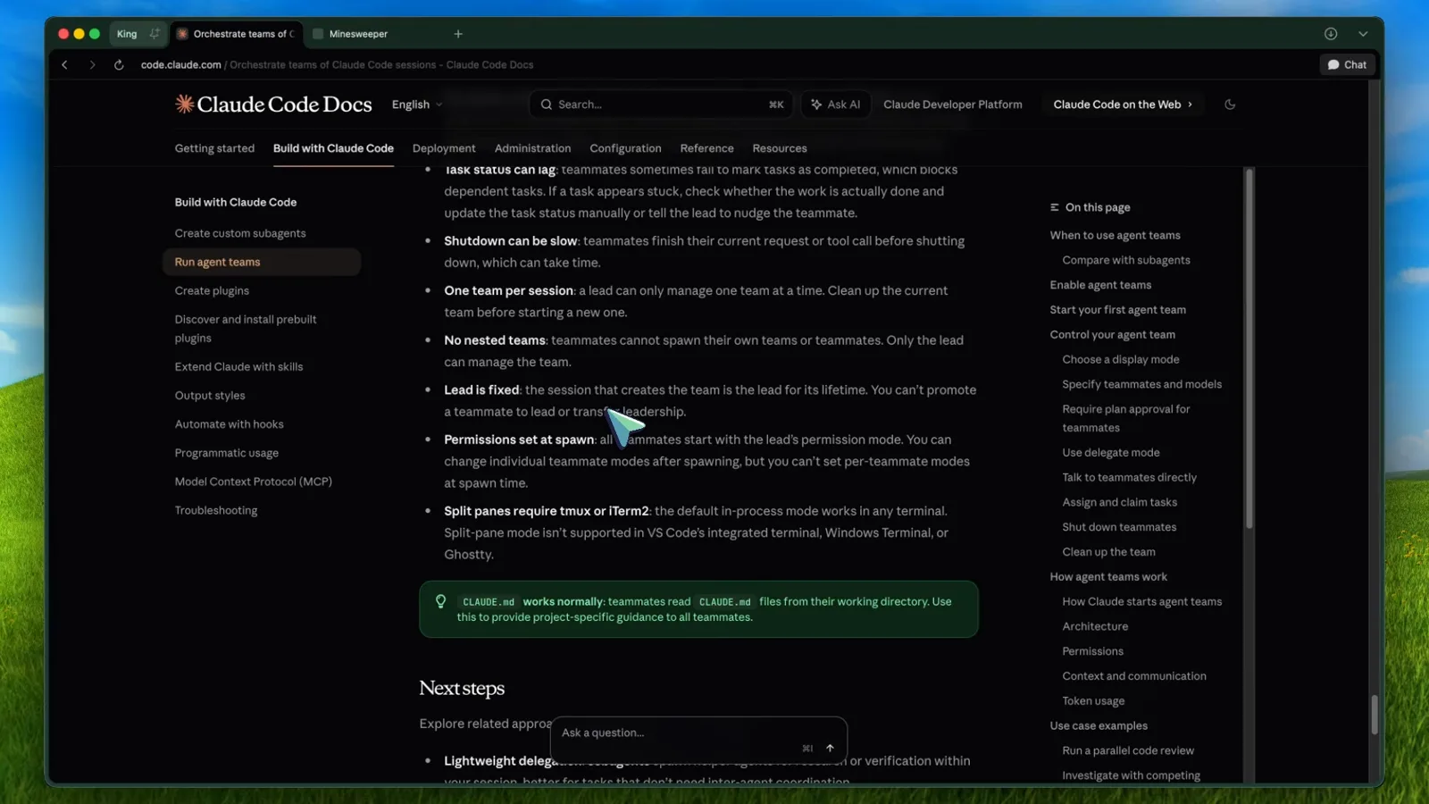 Claude Code Docs Limitations section explaining that the lead is fixed, permissions set at spawn propagate to teammates, and split panes require tmux or iTerm2 because VS Code, Windows Terminal and Ghostty are unsupported