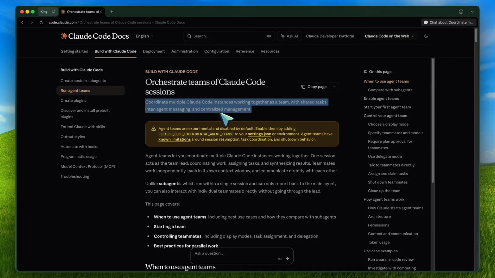 Official Claude Code documentation table comparing Subagents and Agent teams across context, communication, coordination, best for and token cost, with the caption use subagents for quick focused workers and agent teams when teammates must coordinate