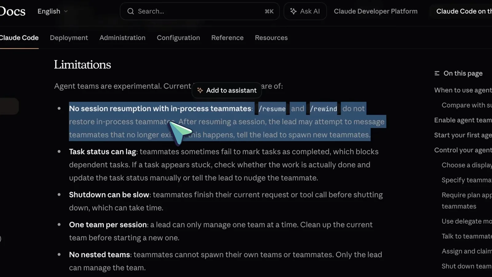 Claude Code Docs Limitations list highlighting that /resume and /rewind do not restore in-process teammates, plus task status lag, slow shutdowns, one team per session and no nested teams