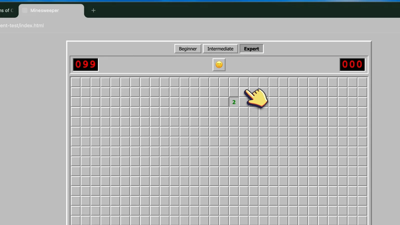 Minesweeper game built by a Claude Code agent team running in the browser with Beginner, Intermediate and Expert difficulty buttons, an LCD mine counter and the smiley reset button