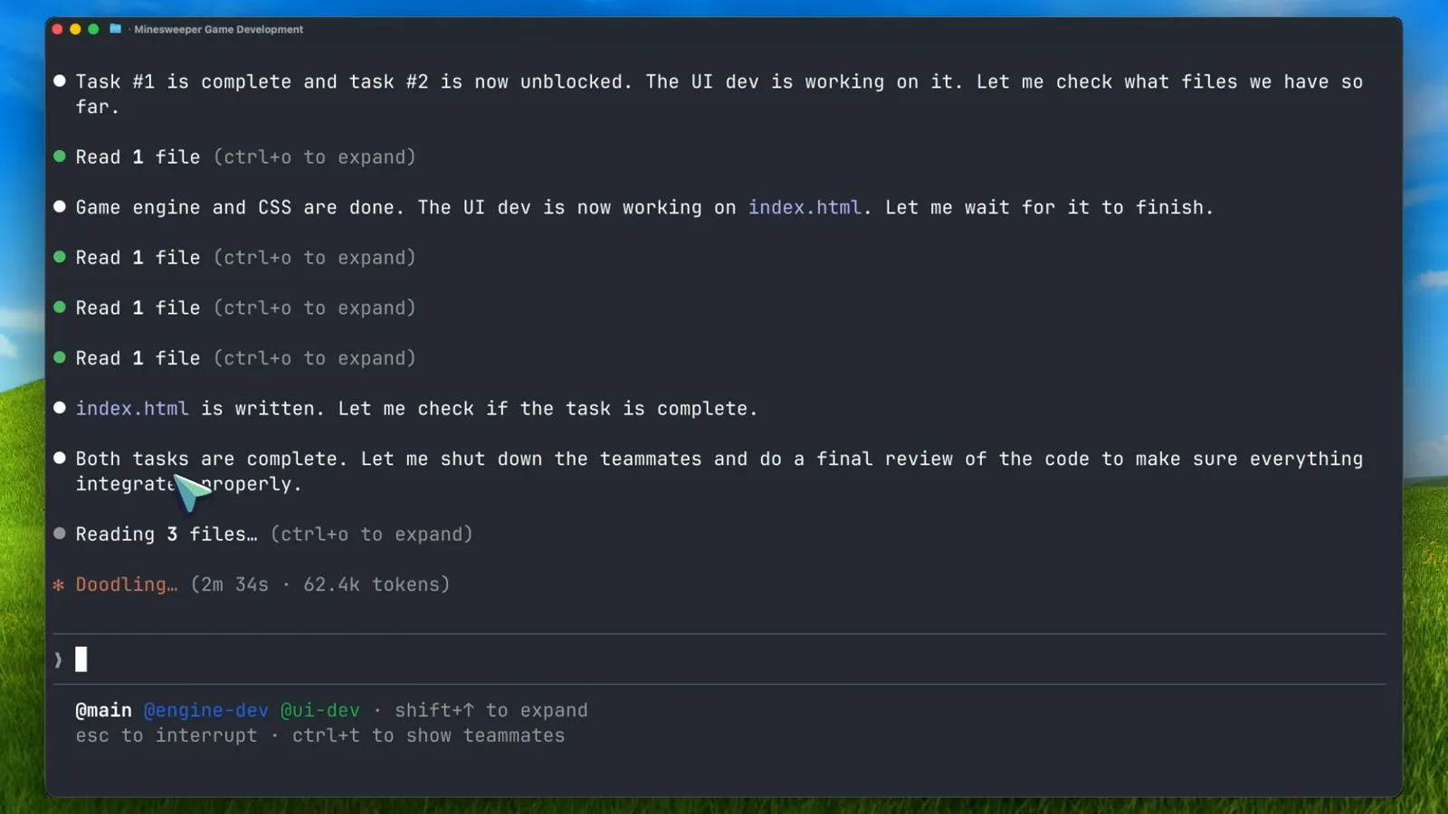 Claude Code team lead announcing that task #1 is complete so task #2 is now unblocked for the UI dev, then reading files for a final integration review before shutting the teammates down
