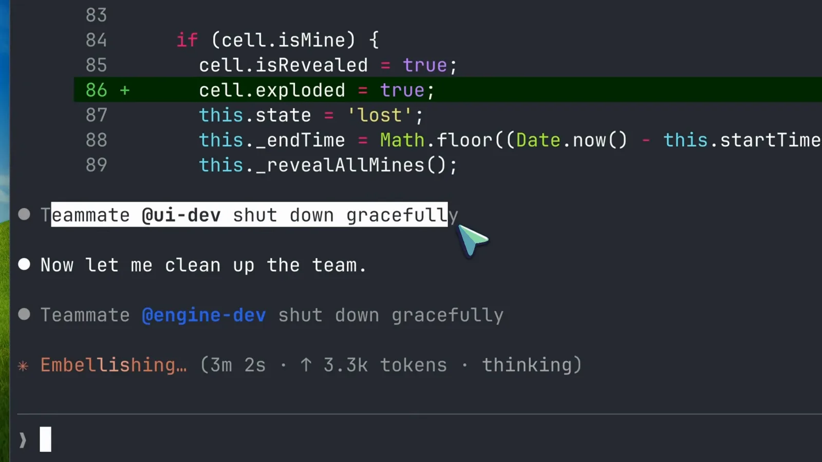 Claude Code team lead cleanup showing the ui-dev and engine-dev teammates each shut down gracefully after the lead asks to clean up the team and release the shared sessions