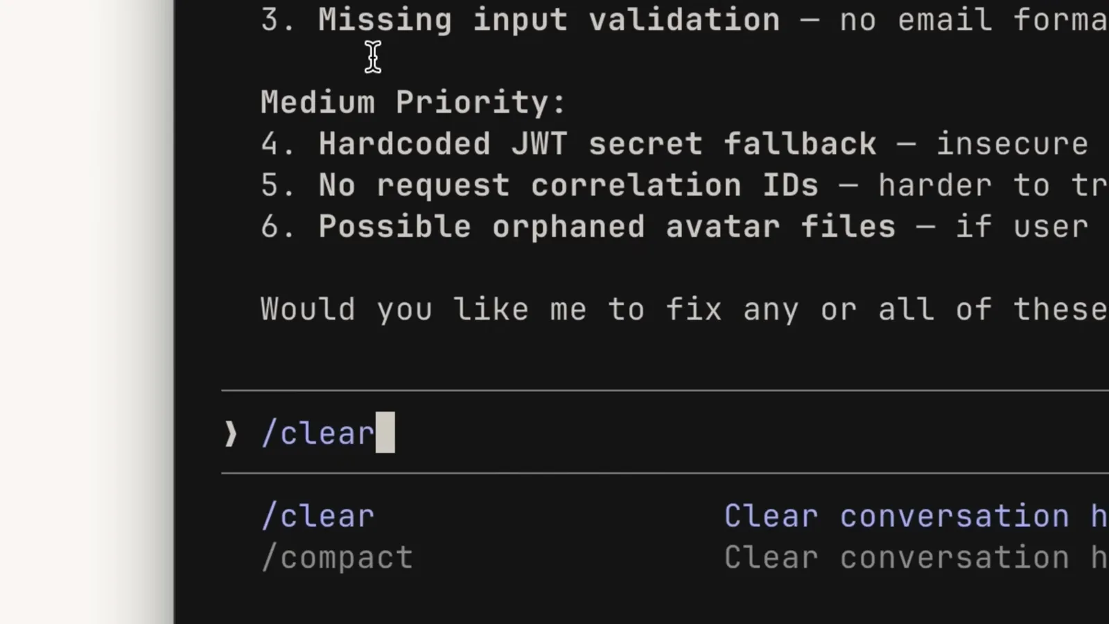 Claude Code command palette with /clear typed after finishing a task, showing the /clear and /compact entries side by side