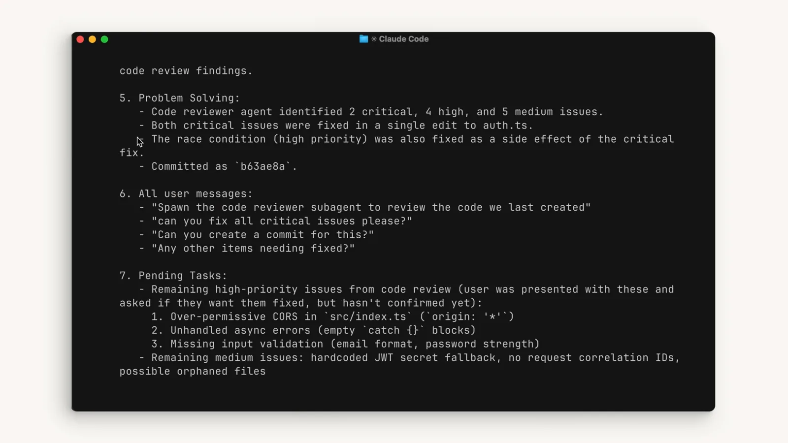 Claude Code compacted recap of a code review conversation with Priority Ranking, All user messages and Pending tasks sections before the session continues