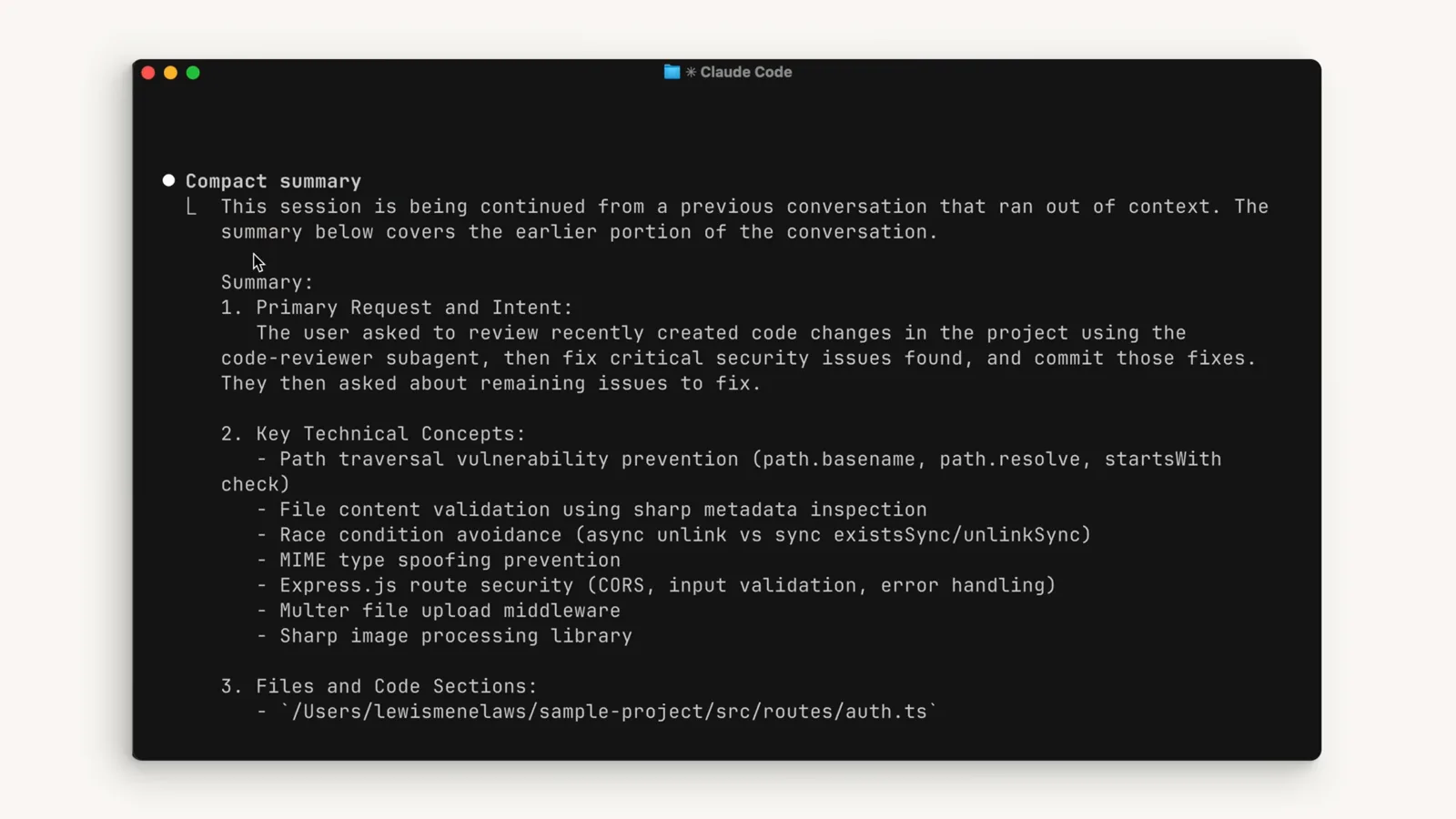 Claude Code Compact Summary output stating the session is being continued from a previous conversation that ran out of context with Primary Request and Key Technical Concepts sections