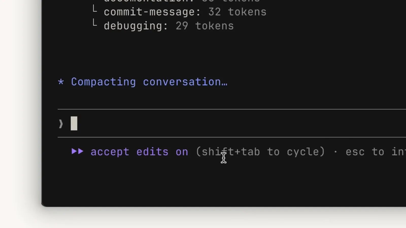 Claude Code showing the Compacting conversation spinner right after running the /compact command in a long session