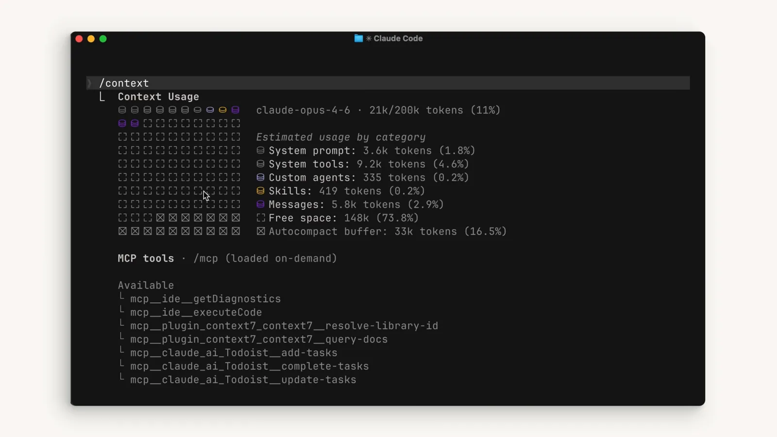 Claude Code /context usage panel for claude-opus-4-6 showing 21k of 200k tokens used, Free space 148k at 73.8 percent and an Autocompact buffer of 33k tokens reserved for summarization