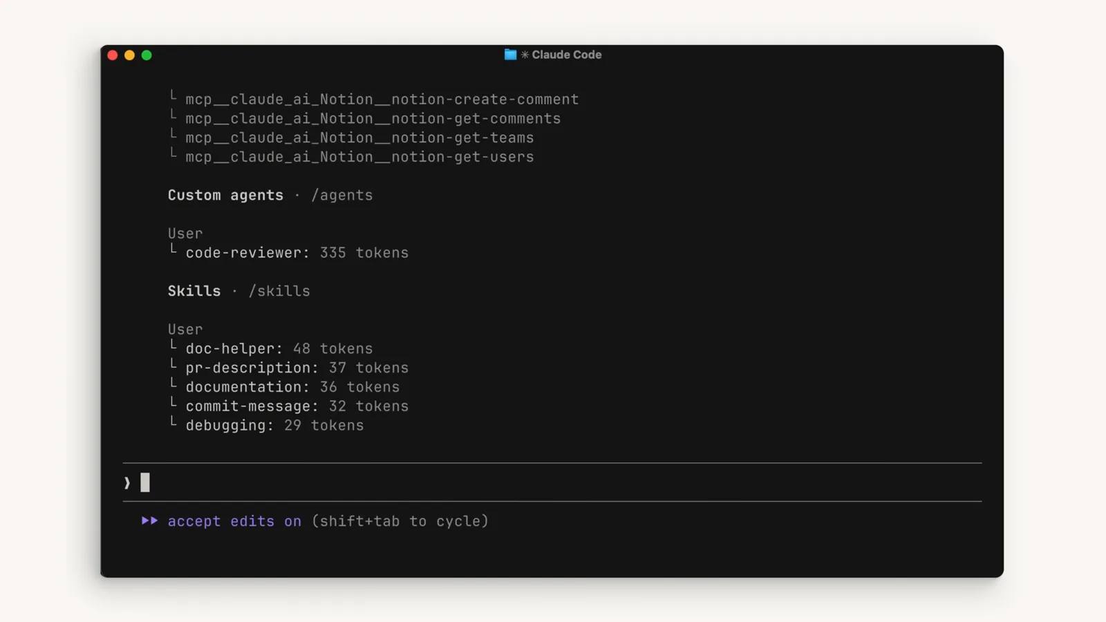 Claude Code /context breakdown listing MCP tools loaded on demand plus Custom agents and Skills token costs such as code-reviewer at 335 tokens