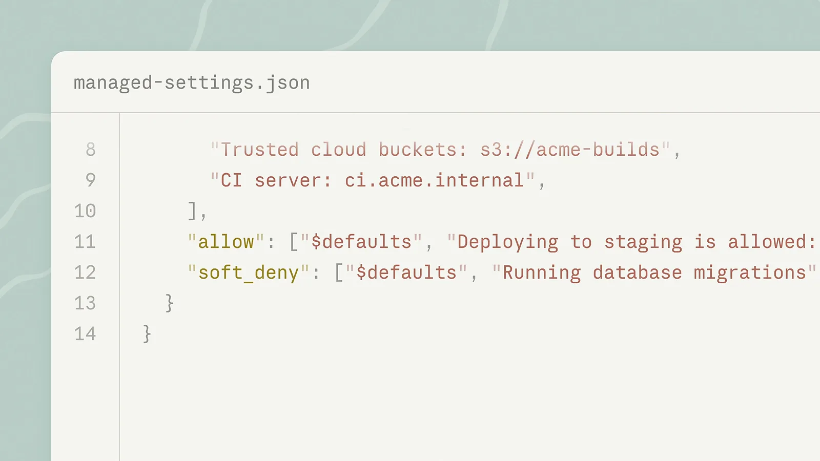 Claude Code managed-settings.json auto mode lists with allow Deploying to staging, soft_deny Running database migrations and hard_deny Never touch production custom defaults