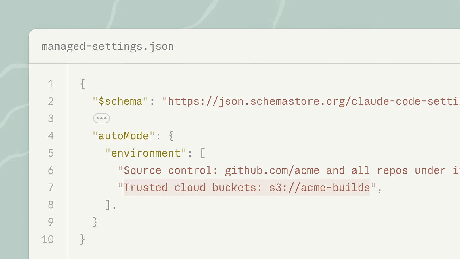 Claude Code managed-settings.json autoMode environment block trusting Source control github.com/acme repositories and the s3://acme-builds trusted cloud buckets for the classifier