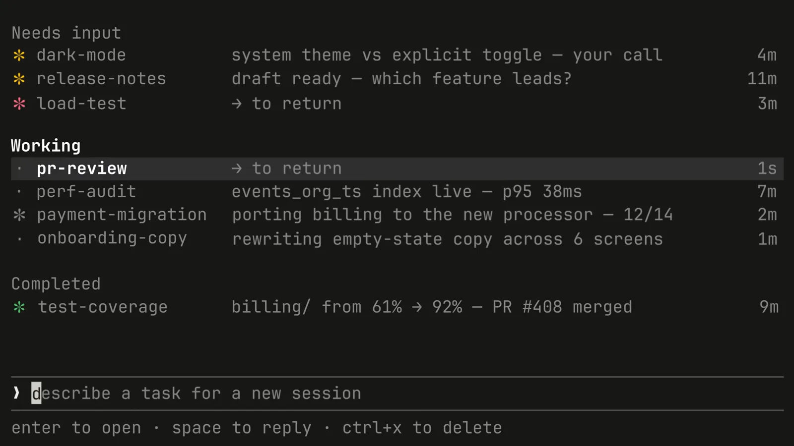 Claude Code agent view with the pr-review session selected showing the space to reply inline panel and enter to open hint
