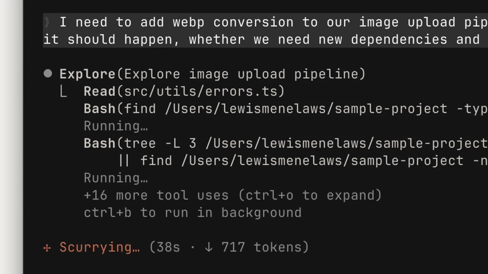 Claude Code terminal showing an Explore subagent running with the hint ctrl+b to run in background above the Scrying progress line