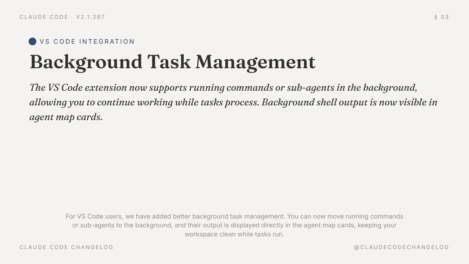 Claude Code v2.1.287 release notes slide describing VS Code background task management with background shell output visible in agent map cards